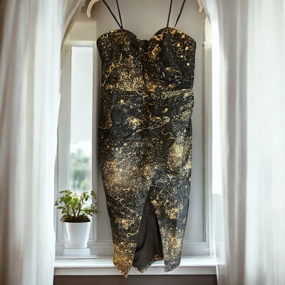 NWT BLACK BY BARIANO Capri Strapless Wrap Maxi Dress Black and Gold Dust 10